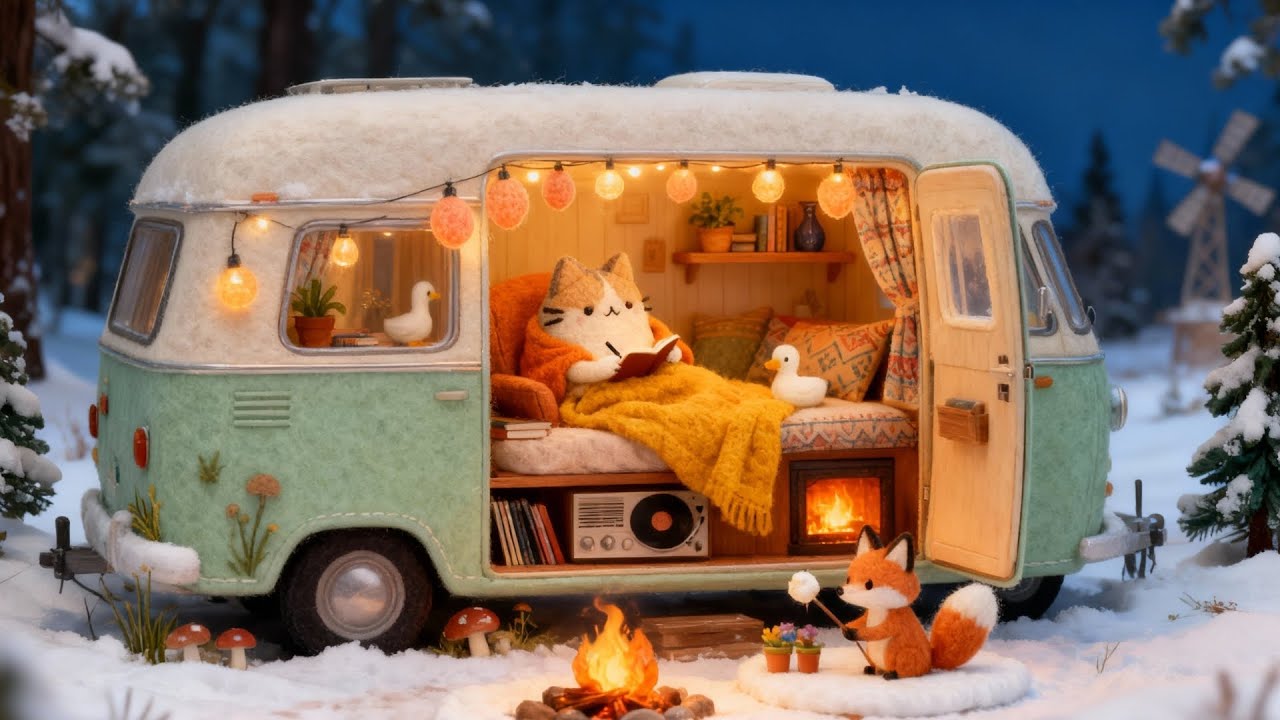 Cozy Winter Camping in Van with Mochi Cat's 🚐 Relaxing Jazz Lofi for Reading