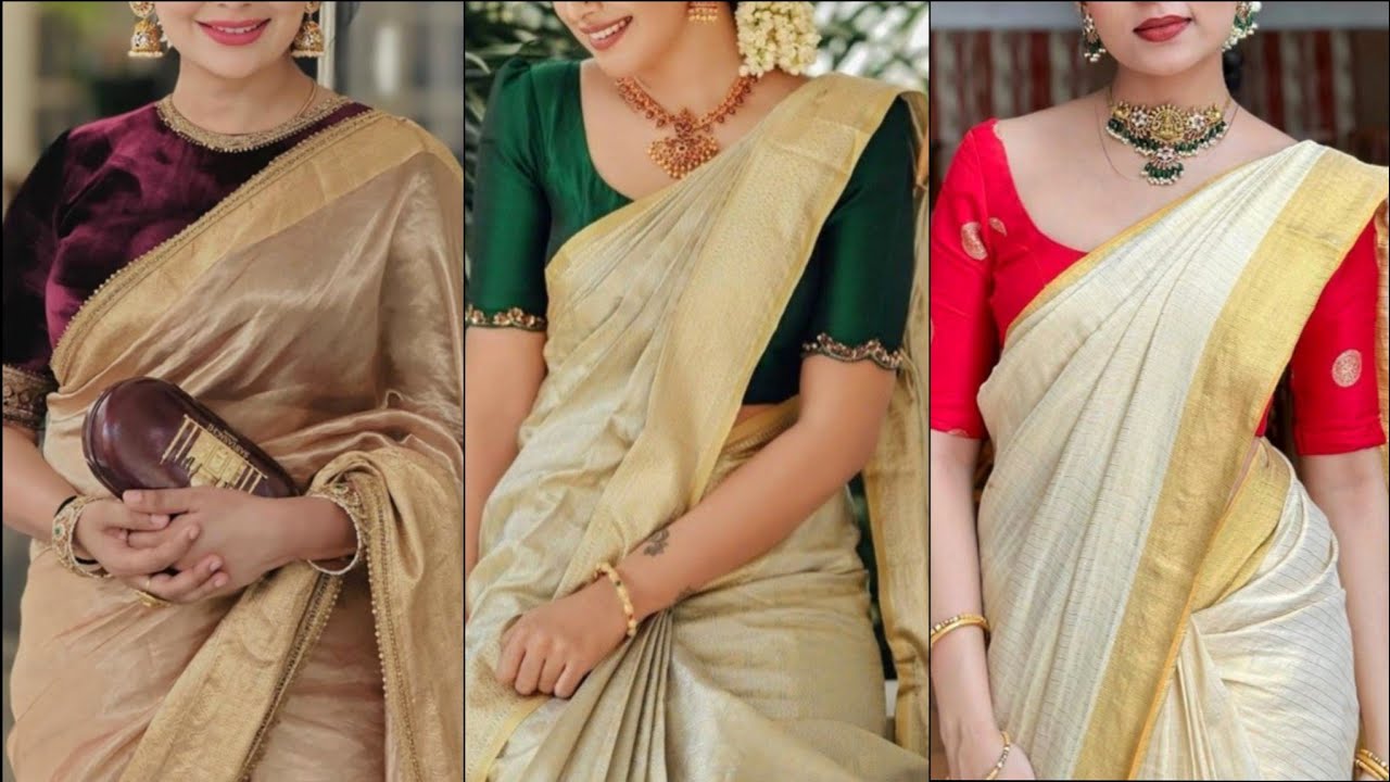 Beige Colour Sarees With Contrast Blouse Designs 😍|Simple Beige Colour Saree Blouse Designs ❤️|