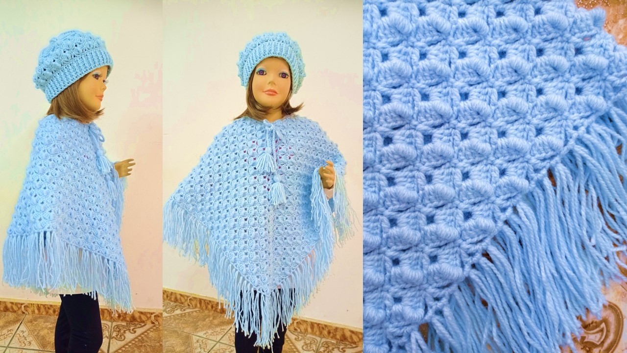 Como tejer el poncho N° 30 a crochet en punto abanicos con rococo paso a paso para cualquier talla