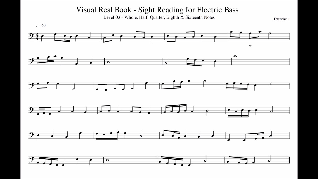 Sight Reading for Bass, Level 03 (Whole, Half, Quarter, Eighth & Sixteenth Notes), Exercise 01