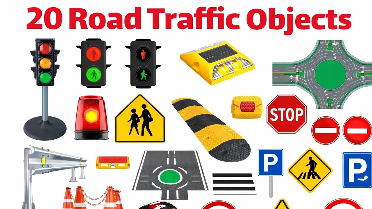 20 Road Traffic Objects Name for Kids | Traffic Signs and Road Safety Learning Video