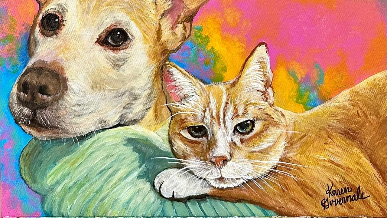 Cat & Dog Acrylic Painting - by Karen Governale 