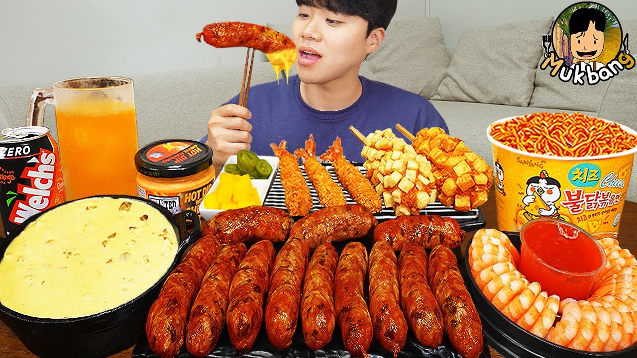 ASMR MUKBANG | Огненная лапша, хотдог, Коктейли из креветок, колбаса рецепт блюда ! принимать