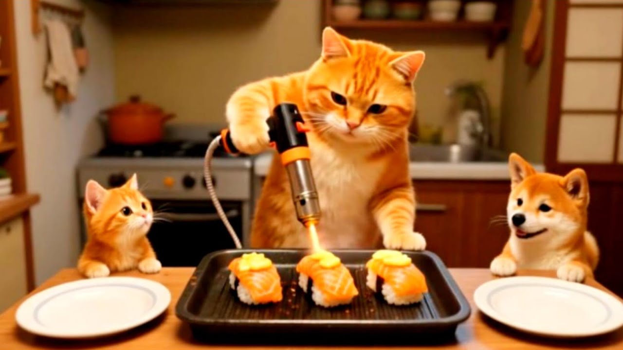 Mama Cat Saves Penguin and a Dog Dry Fur, Cook and Lulling them to Sleep 😿❤️