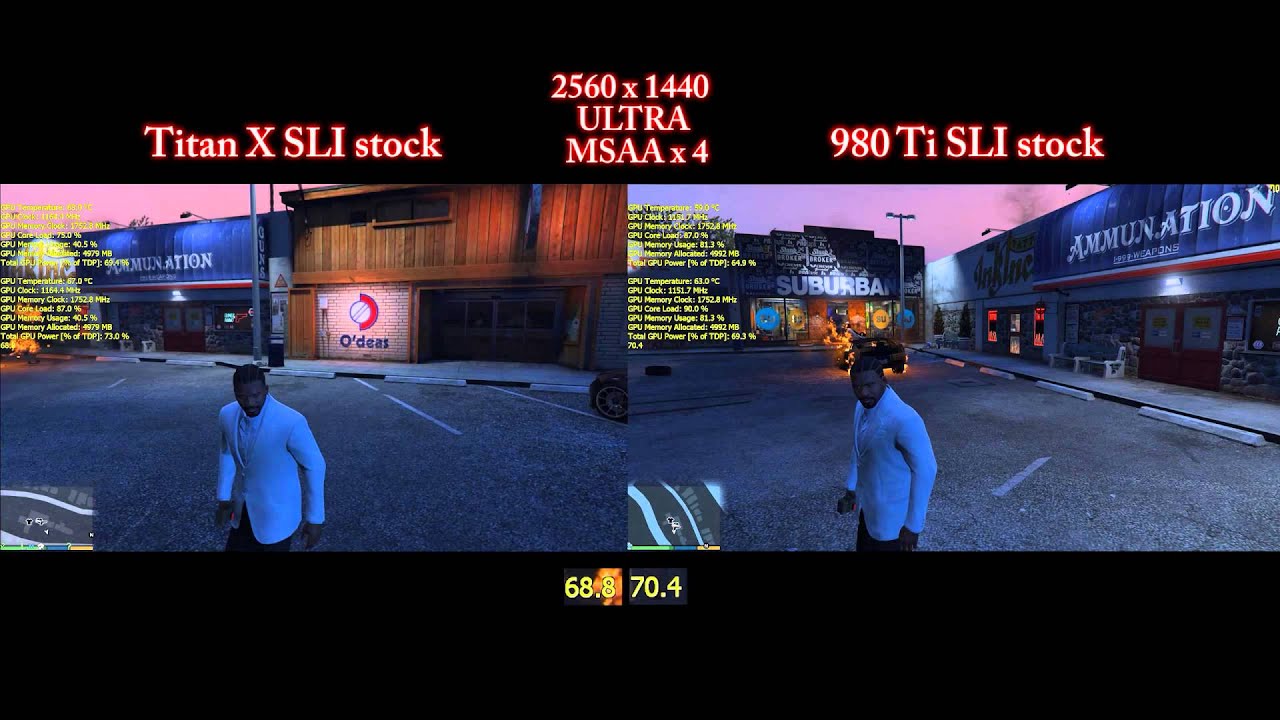 GTA V | Titan X SLI vs 980 Ti SLI | STOCK / OC | 1440p + ULTRA + GSYNC | MSAA x 4