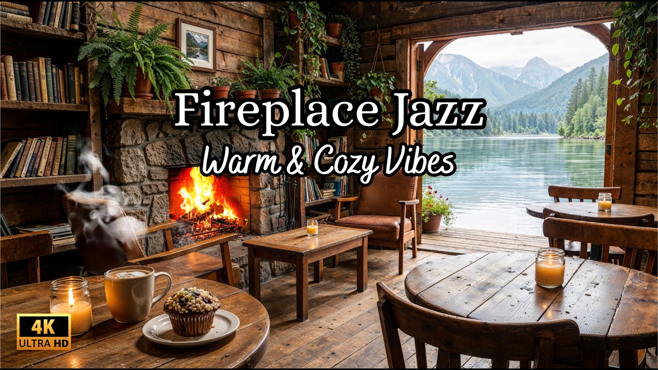 🔥 Fireplace Jazz Café by the Lake ☕ | Relaxing Smooth Jazz Music for Study, Work & Sleep 🎷