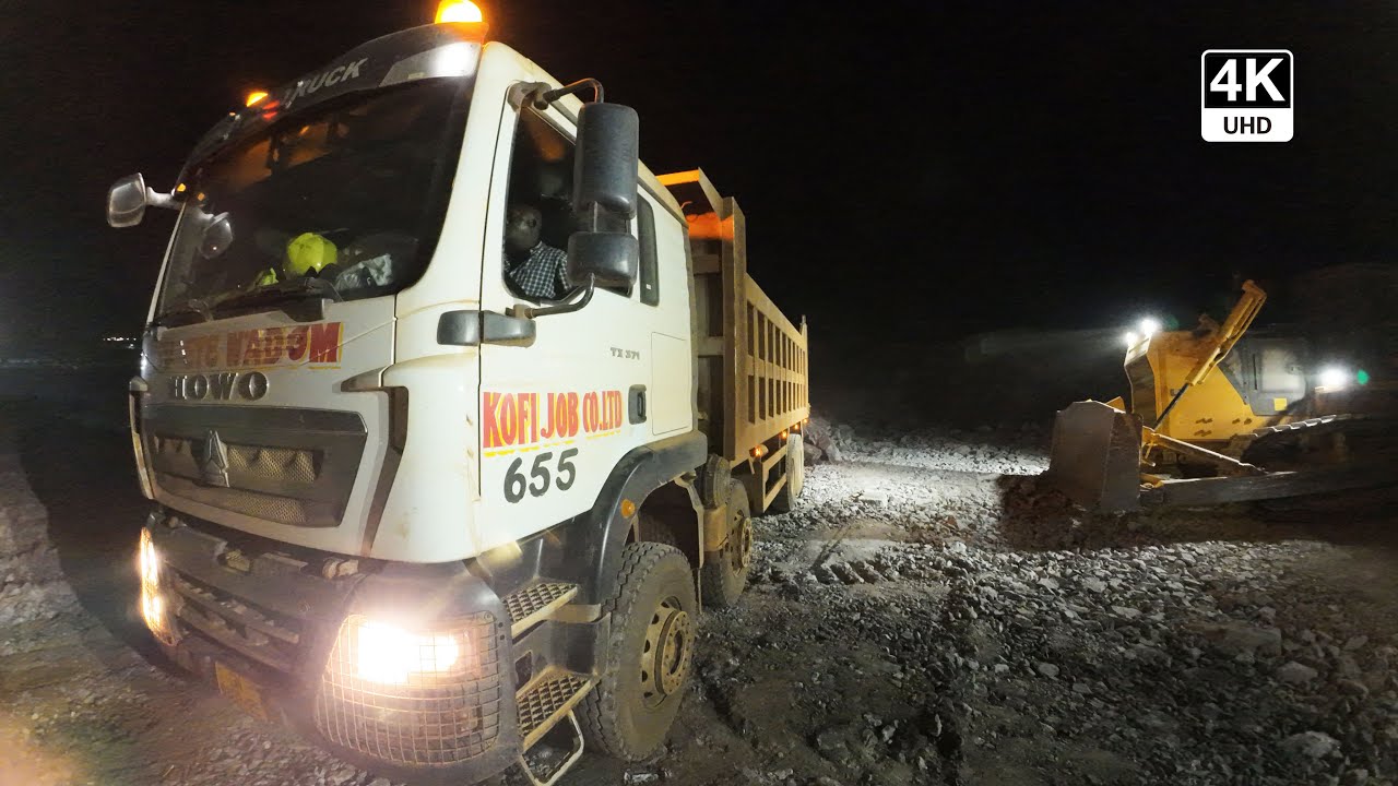 Massive Night Operations as Trucks Dump Huge Rocks at stream on the Sunyani Outer Ring Road 4K