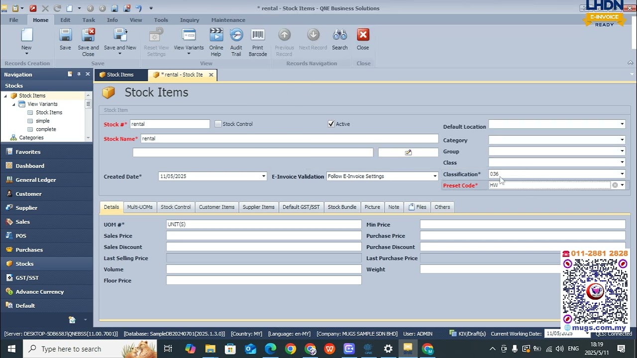 How to add Service code for submit Rental Self Bill in QnE Optimum EN