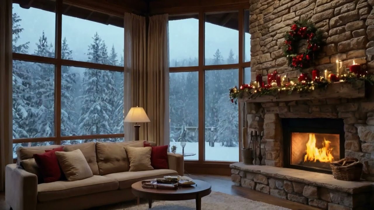 ❄️🔥 A Cozy White Cabin Night | Soft Snow, Crackling Fireplace & Christmas Calm