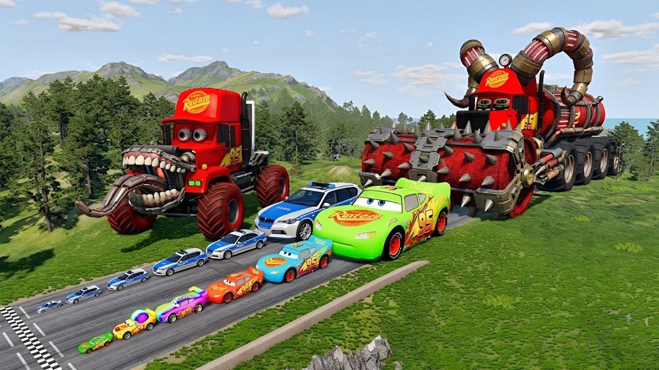 Big & Small McQueen & Police Car vs Zombie Mack,Giant Water Pit & Hammer Downhill Race &ndash;BeamNG.drive