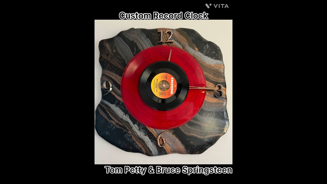 Custom record clock featuring Tom Petty & Bruce Springsteen #epoxy #resin #epoxycountertops #vinyl