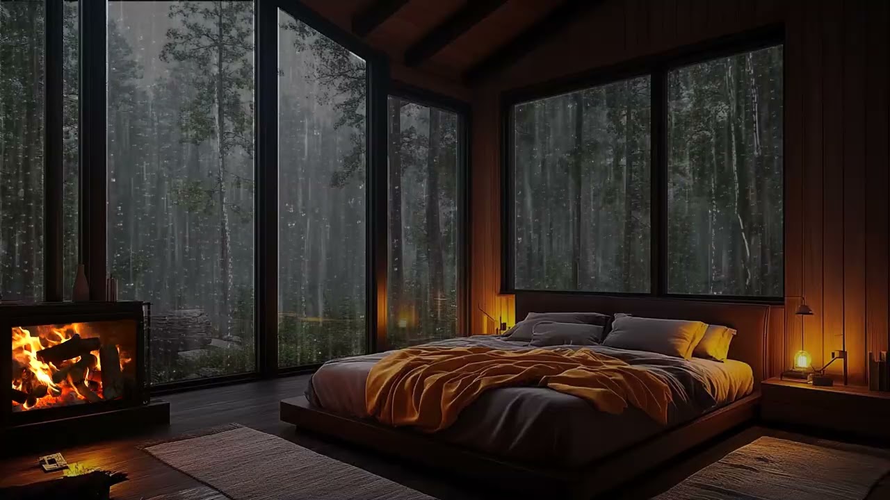 Cozy Cabin Ambience | Rain Sounds on the Window and Crackling Fireplace for Sleep Relax and Study