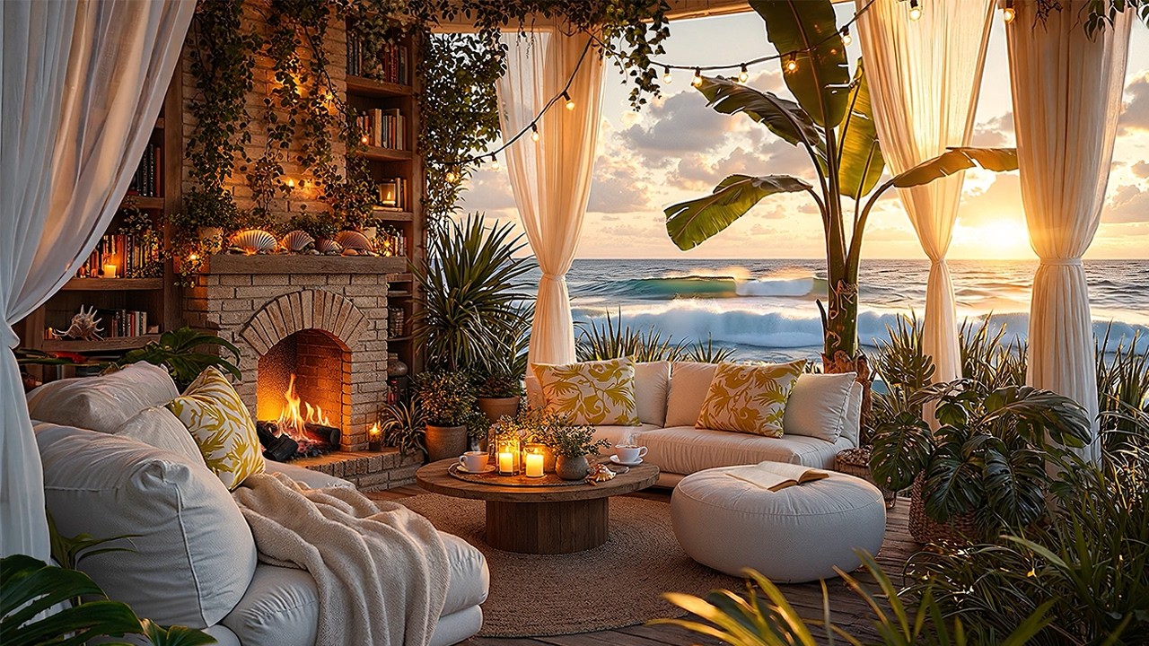 A Warm Coastal Sunset Unfolds&hellip; 🌅🔥 Beach Cottage Porch with Ocean Waves