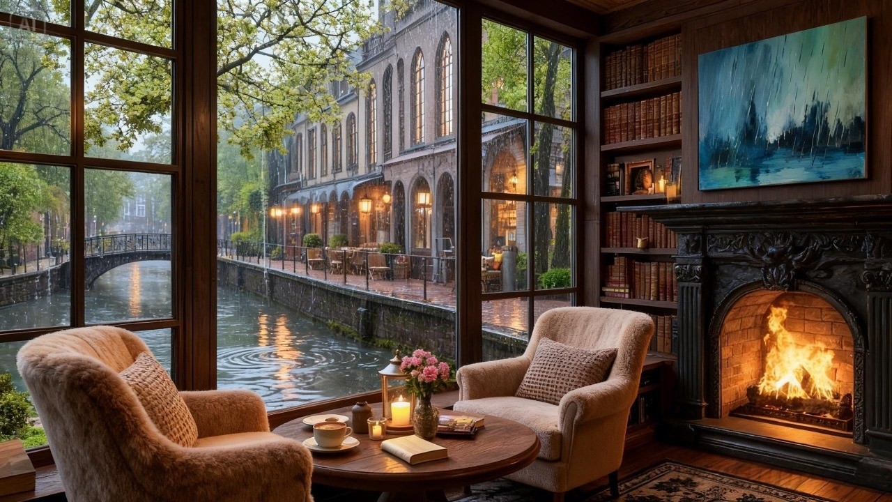 Spring Rain Jazz by the Canal Fireplace 🌧️🔥 Cozy Evening Ambience, Crackling Fire & Relaxing Music