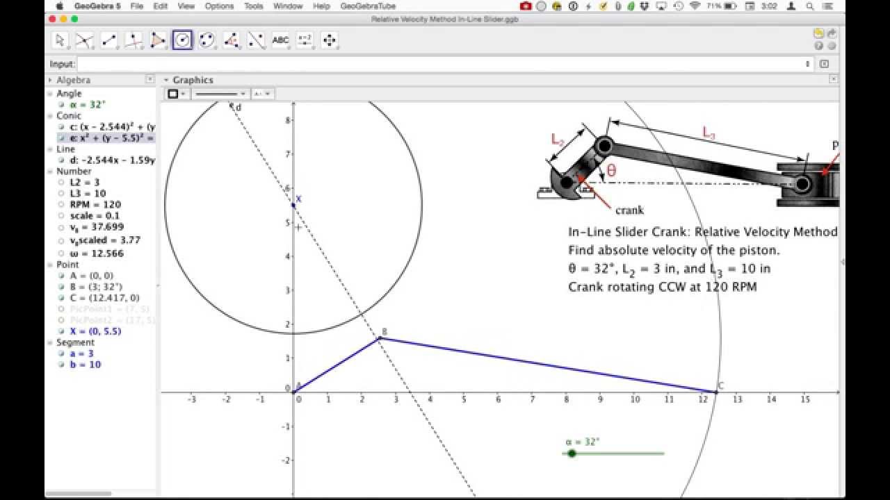 Relative Velocity In Line Slider Crank GeoGebra
