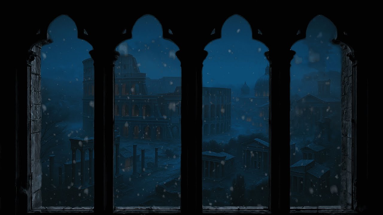 Frozen Ancient Rome Window View &ndash; Snowy Colosseum at Night
