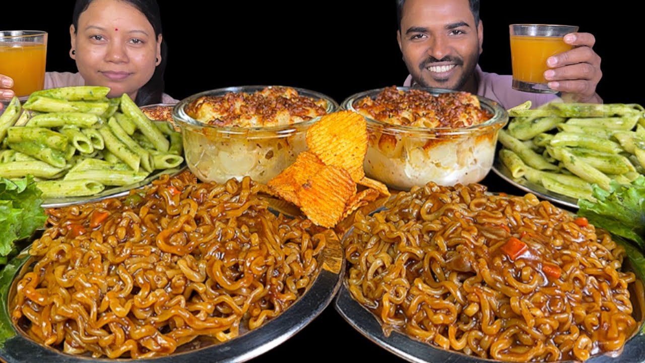 Black bean Noodles, Mac & Cheese, Pesto Pasta & Drinks | Eating Show