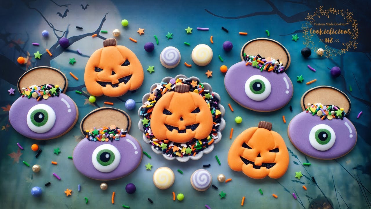 How to make JACK-O'LANTERN & ONE EYED CANDY BUCKET COOKIES for HALLOWEEN