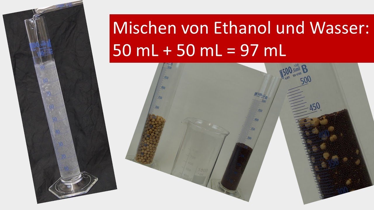 Mischen von Ethanol und Wasser: 50 mL + 50 mL = 97 mL