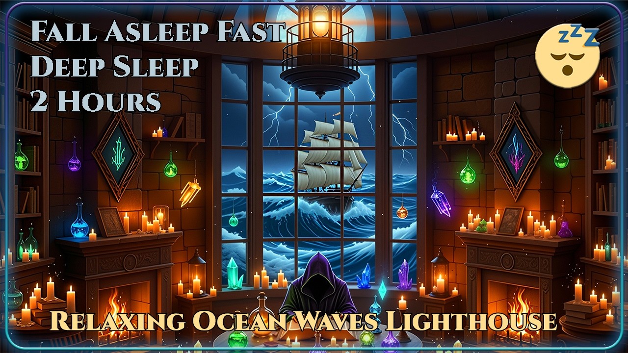 👉 Relaxing Ocean Waves Lighthouse ASMR | Crashing Waves, Wind & Fire for Deep Sleep 2 Hours