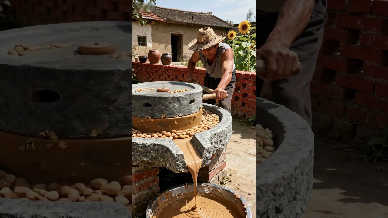 Farmers making peanut butter using a stone mill#shorts #farmer #fruit #nature #agriculture  #farming