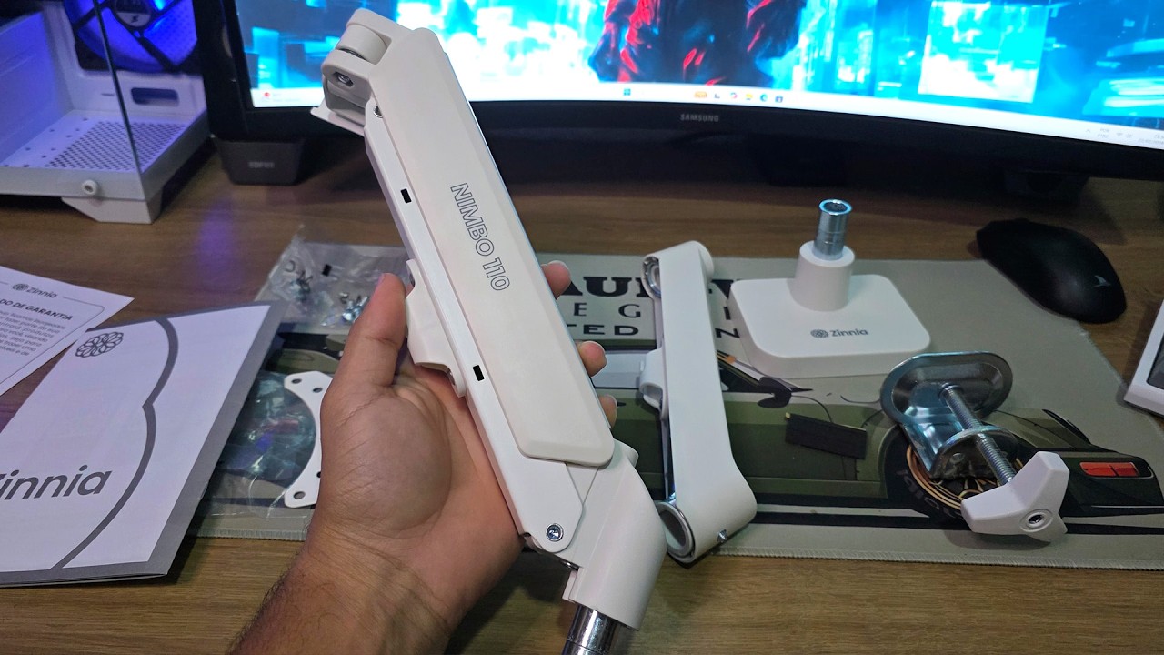 Suporte Articulado Pistão a gás para monitor gamer Unboxing Nimbo 110 Branco