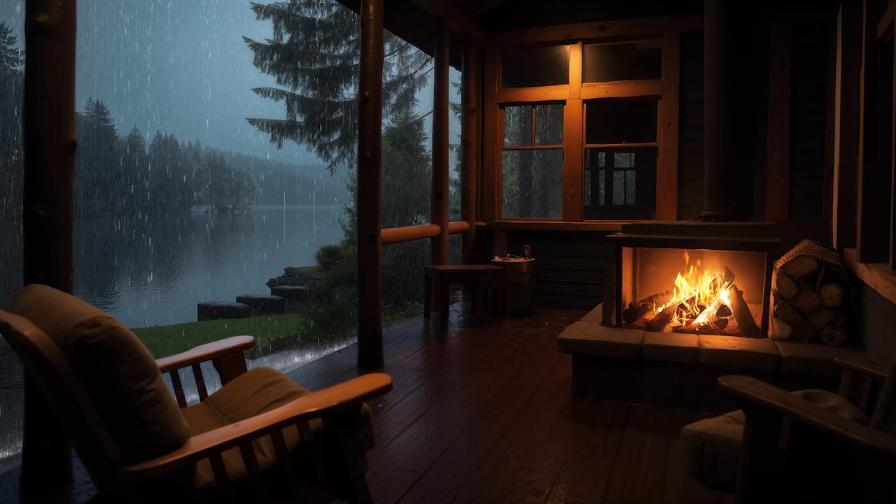 Rainy Evening by the Lake Cabin Fireplace | Gentle Night Ambience for Deep Sleep and Calm