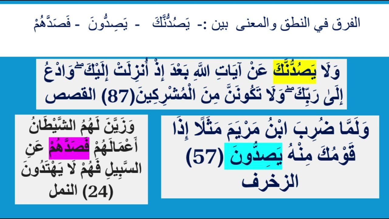 من الاخطاء الشائعة ( 5) معرفة الفرق في النطق والمعنى لكل من ( يصِدون  صدوا  فصدهم  يصُدون  و يصدنك)