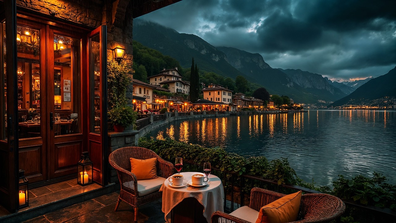 Night Jazz at Lake Como ☕ Italian Balcony Coffee Shop & Relaxing Jazz Instrumental for Focus, Work