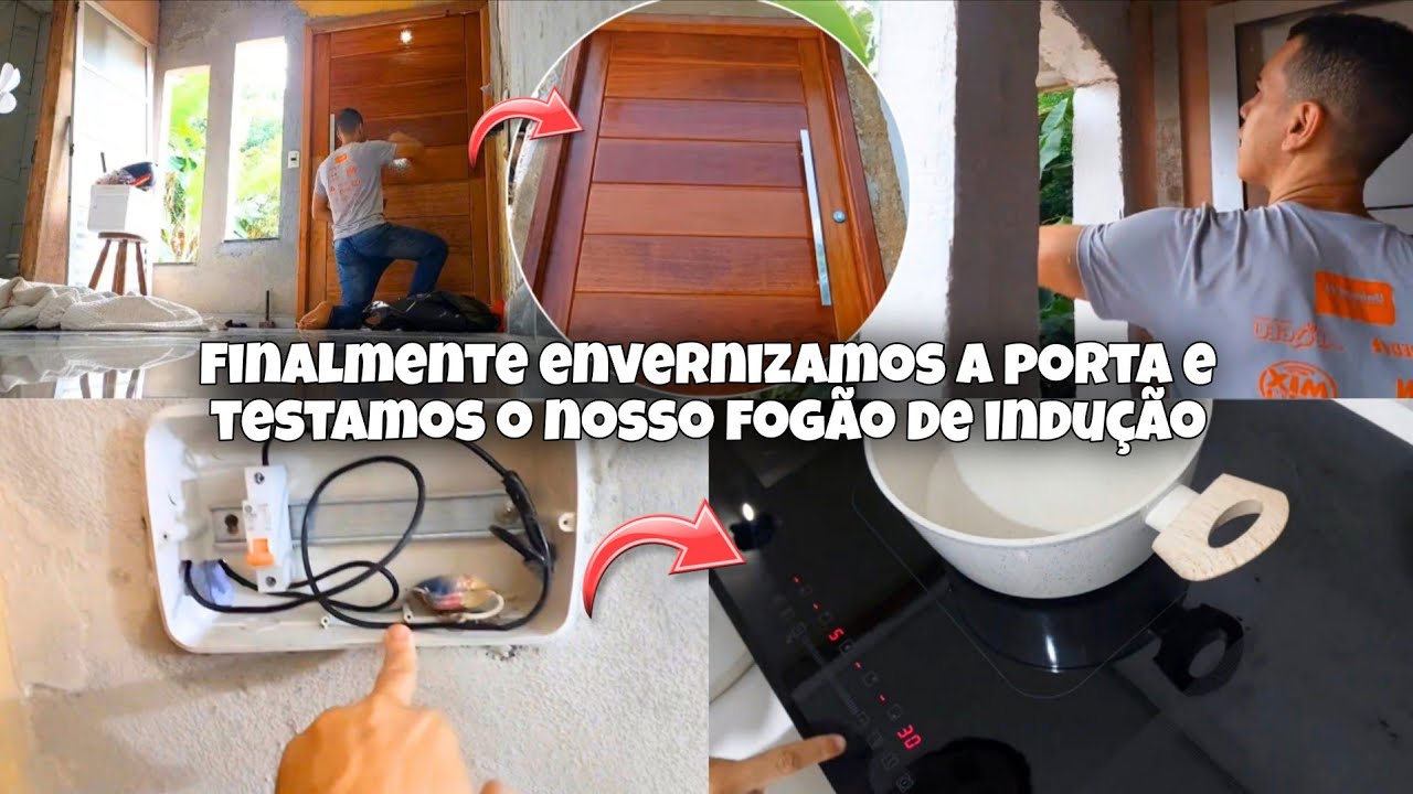 Envernizamos a porta e fizemos a instalação para testar nosso fogão de indução