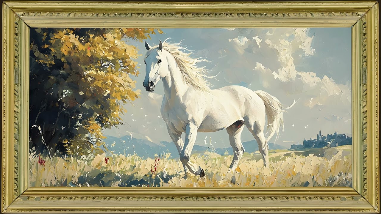 Elegant White Horse in a Field, Vintage Equestrian Oil Painting | Gold Framed TV Art Screensaver
