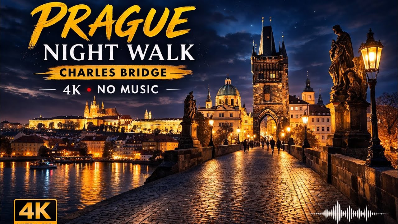 4K Night Walk in Prague 🇨🇿 | Charles Bridge After Dark | Natural Sounds