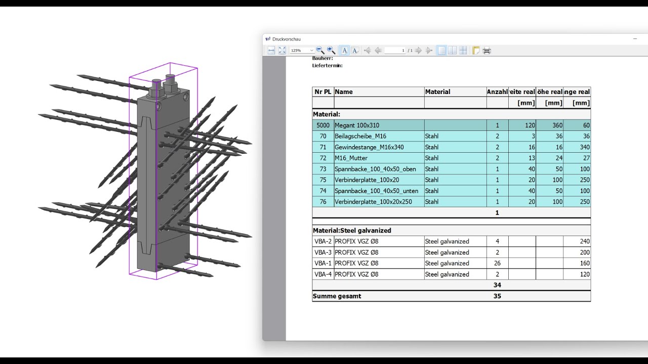 cadwork 3d Liste Verbindungsmittel