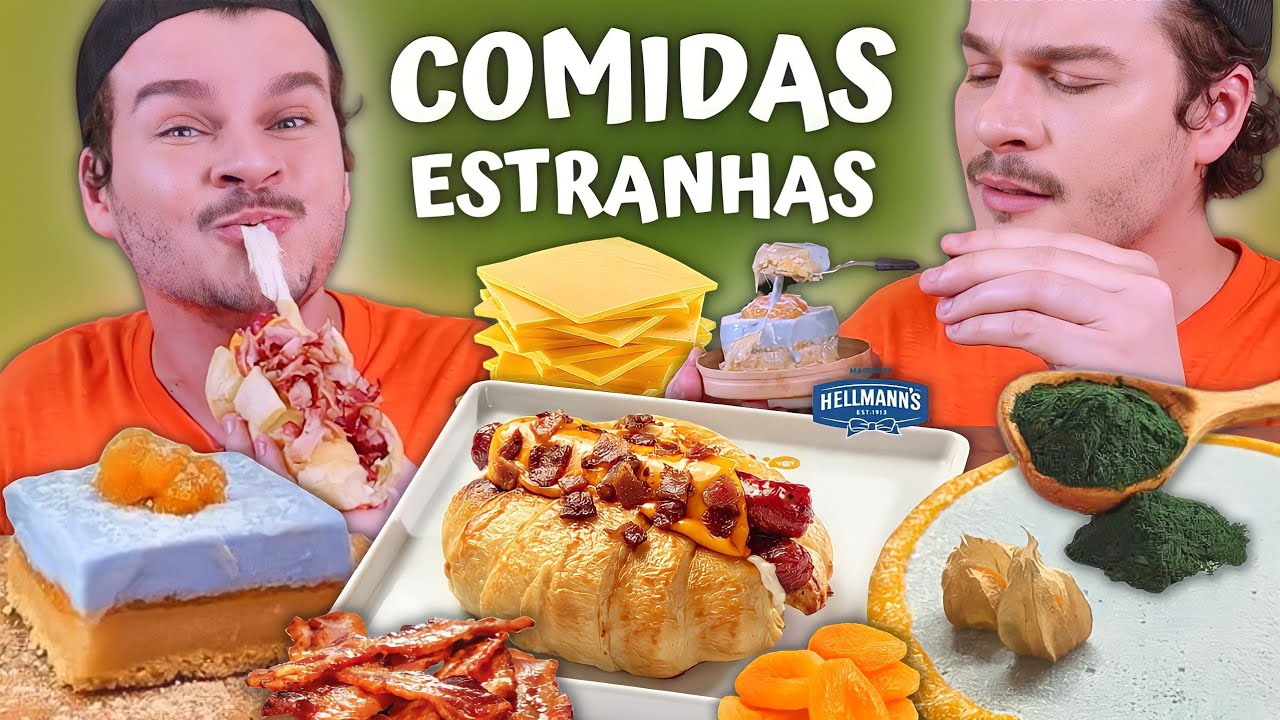PROVAMOS COMIDAS ESTRANHAS DO APLICATIVO: CROISSANT DE HOT DOG COM BACON E TORTA DE ALGA AZUL