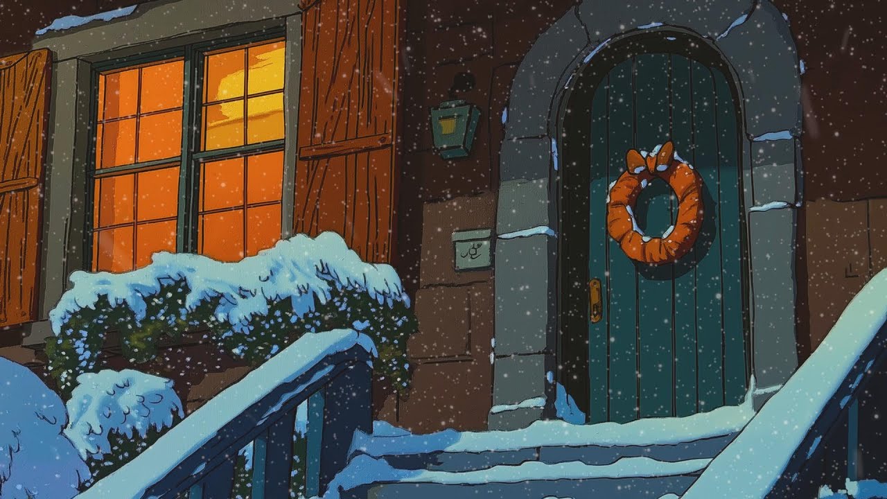 1950’s cozy night by the fireplace with oldies playing in another room and it’s snowing