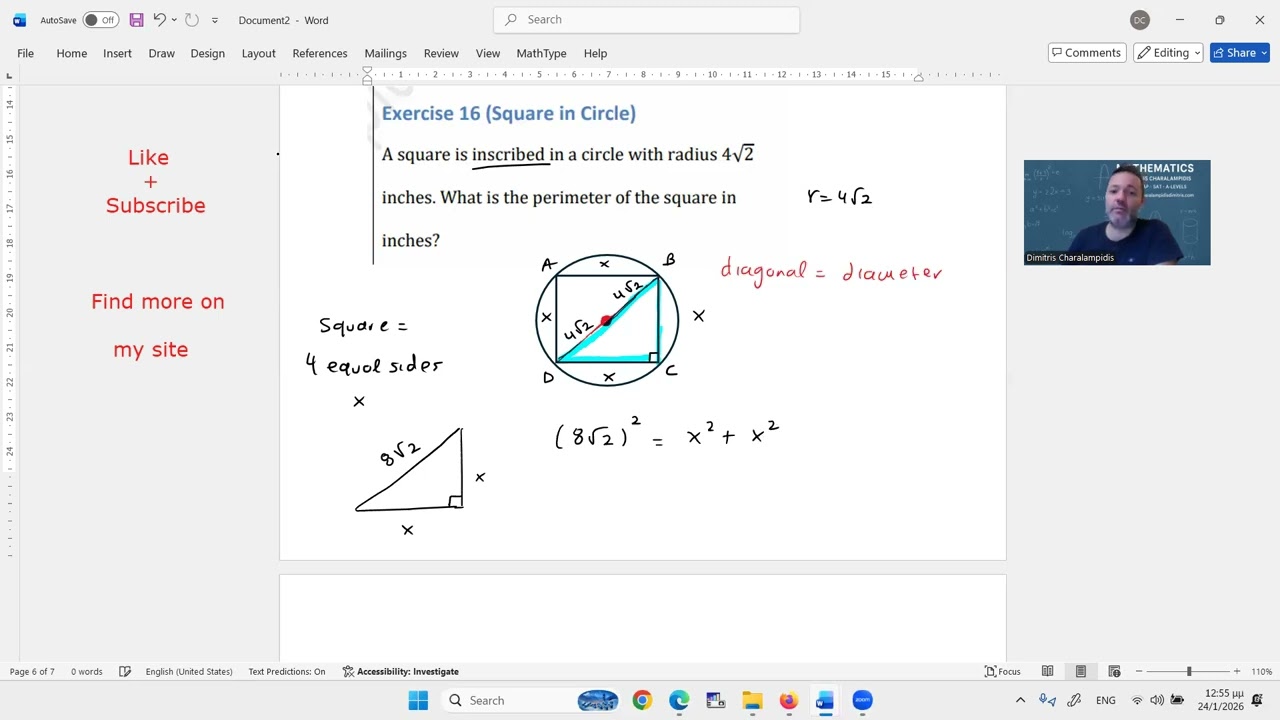 s7e16 Square inscribed in a circle  SAT Math solution
