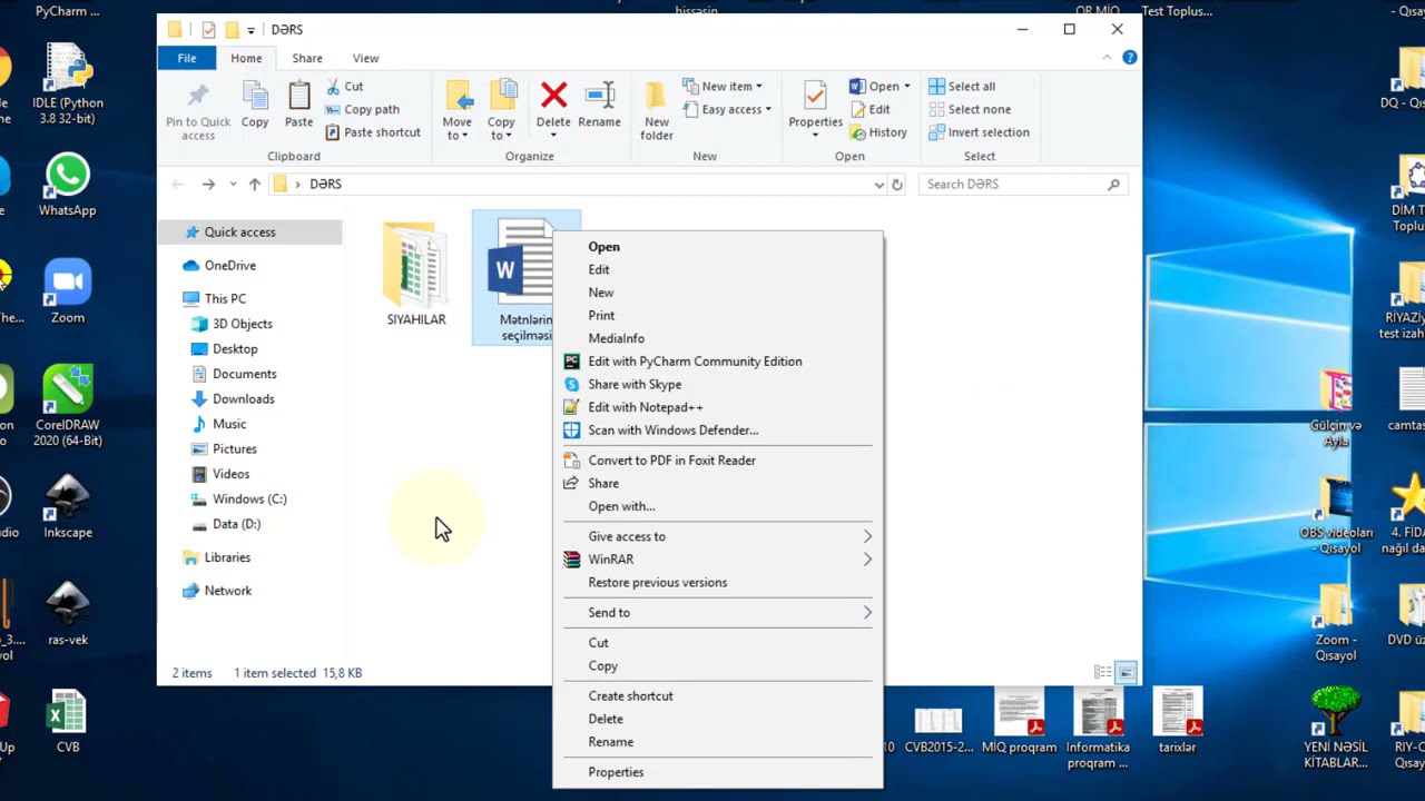 Windows 10 | Obyektlərlə iş, kontekst menyular