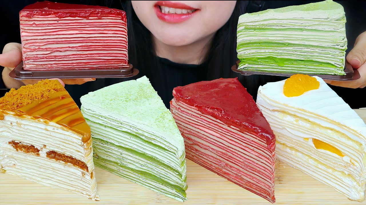 ASMR MILLE CREPE CAKE (MATCHA, LOTUS BISCOFF, RED VELVET, VANILLA CHEESE)