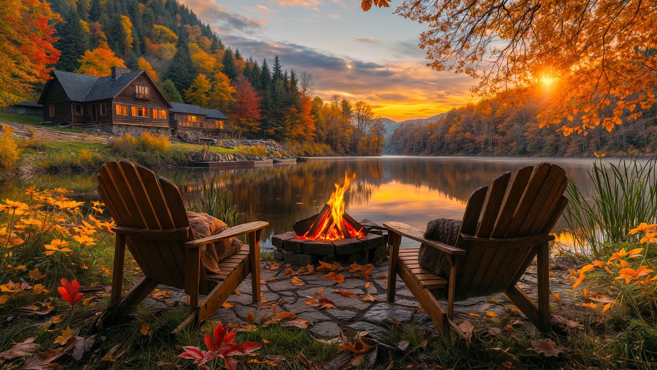 🍂 Tranquil Fall Retreat by the Lake in Mountains 🌲 Crackling Fire Pit, Fall Forest Sounds for Sleep
