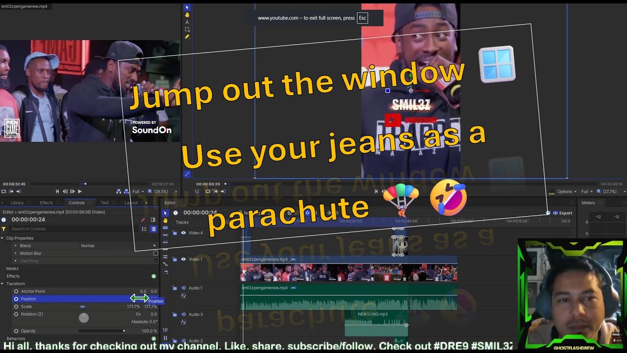 Editing shorts videos for @SMIL3ZMUSIC Jump out the window 🪟. Use your jeans as a parachute 🪂🤣
