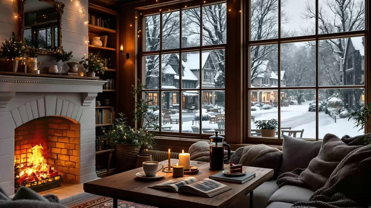 Beautiful Winter Jazz Coffee Shop ❄ Cozy Jazz Piano with Fireplace — Late Night City Window Jazz