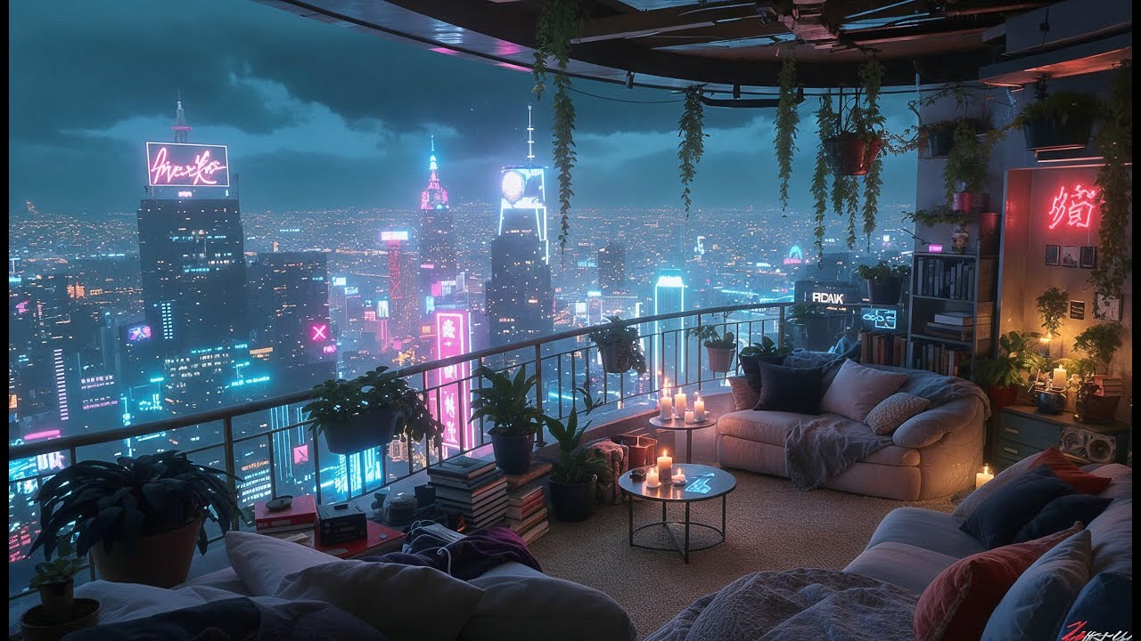 Rainy Rooftop Garden 🌿 City Lights & Soft Rain for Calm, Focus & Sleep