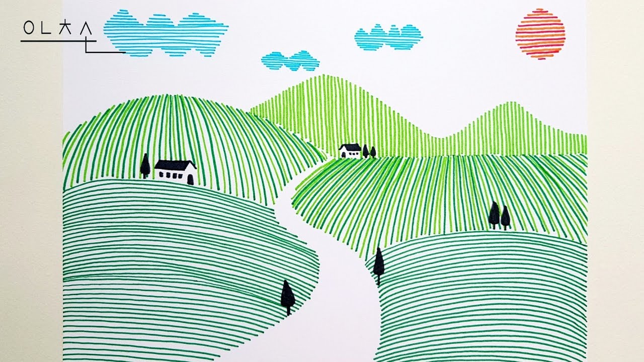 선으로 풍경그리기/ 쉬운 미술 활동/ To draw a landscape with lines/ an easy art activity