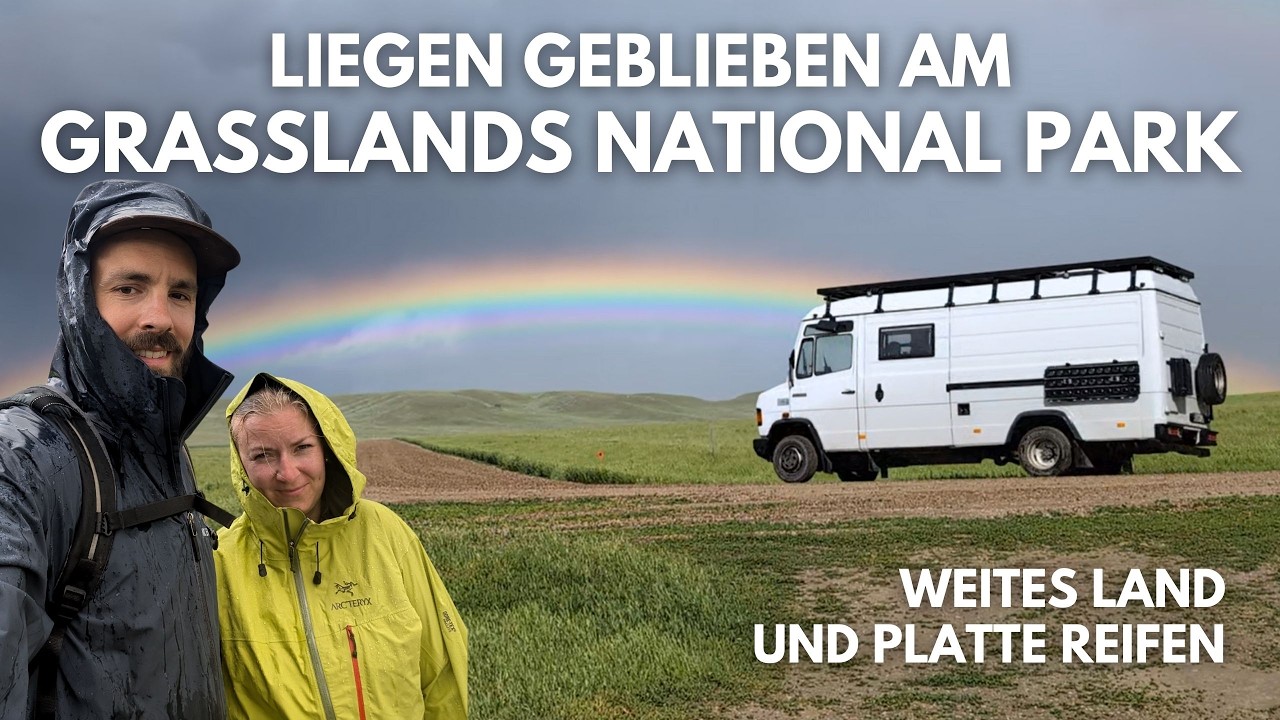 Liegen geblieben am Grasslands National Park. Weites Land und Platte Reifen. Regenbögen und Bisons.