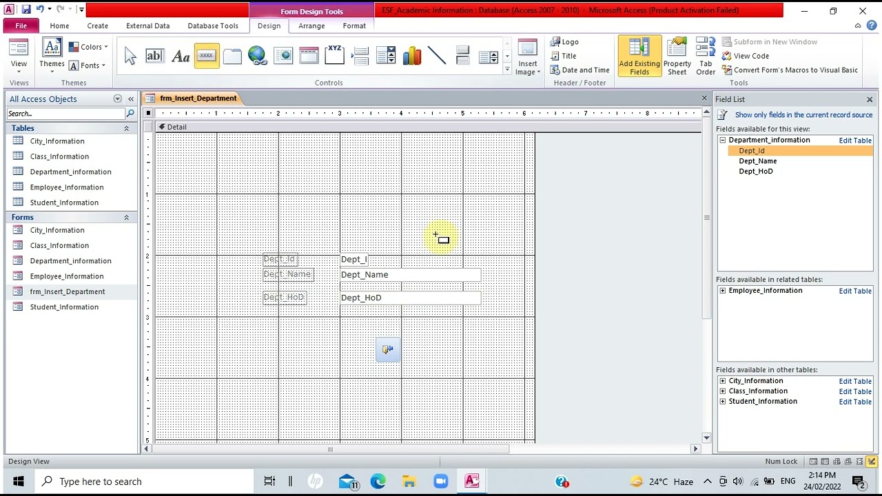 Form Design using Design view