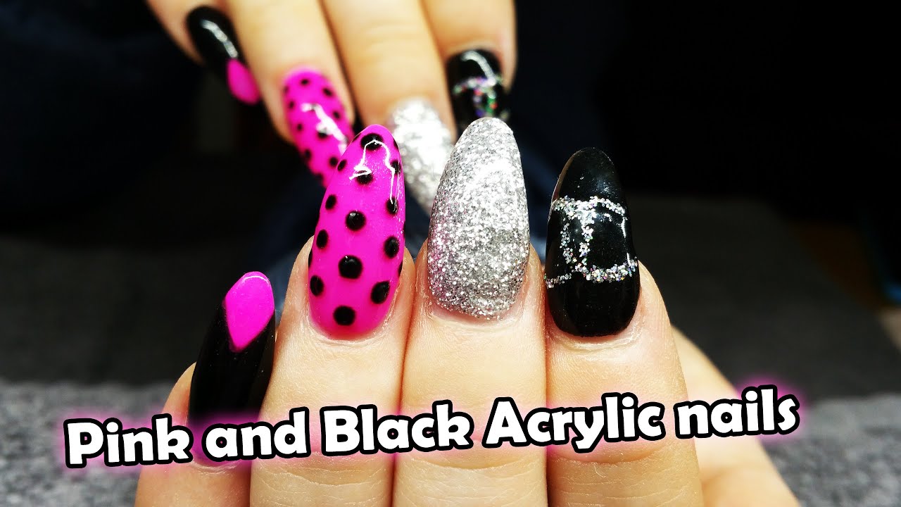 Hot pink and Black Acrylic Nail Design