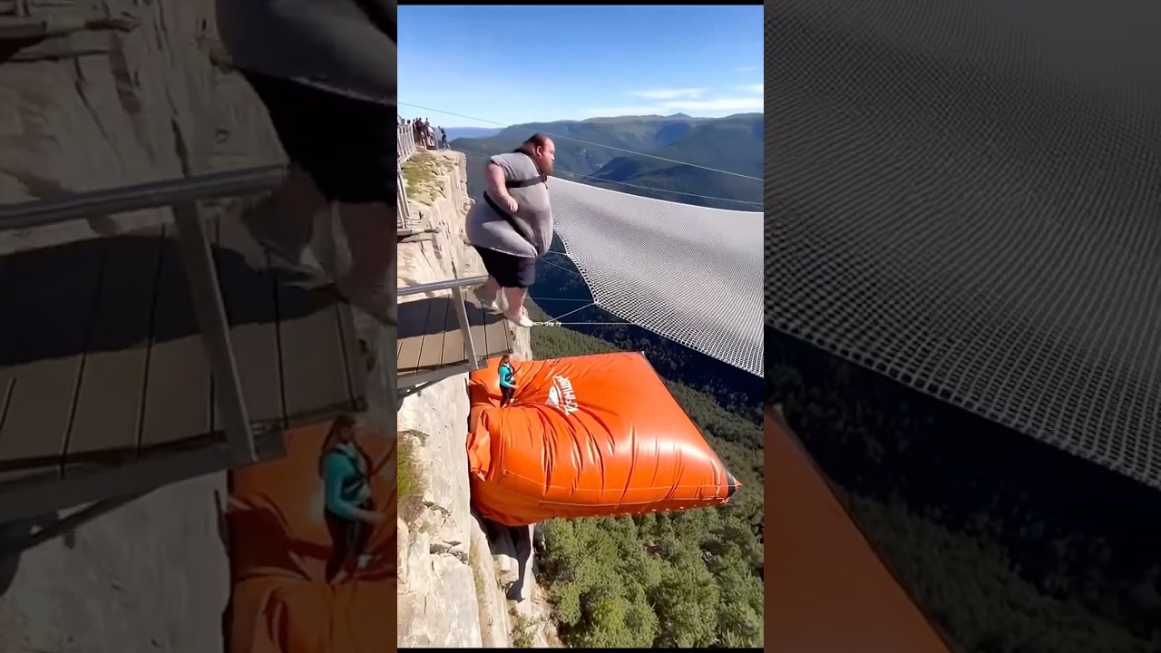 Orange Bouncy Cliff Airbag Jump 🍊 Big Bounce Sends Partner Flying! 