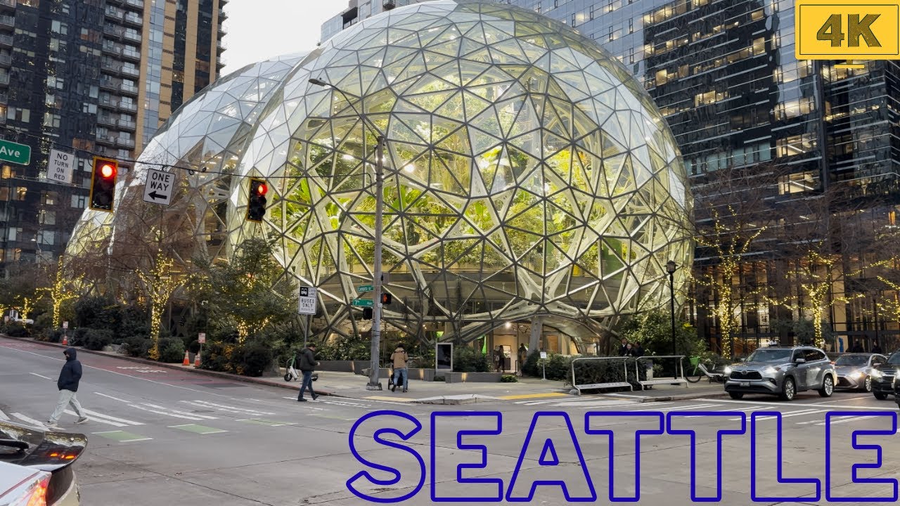🚋Seattle Christmas Evening Walk: 🎉Amazon Spheres to Pike Street | 4K 60fps🎄