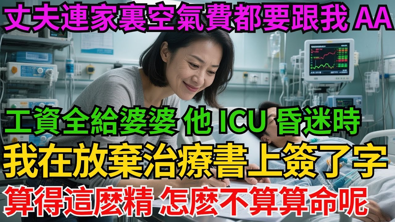 丈夫連家裏的 「空氣費」 都要跟我 AA，工資全給婆婆買金鐲子，他 ICU 昏迷時，我笑著在放棄治療書上簽了字：「算得這麽精，怎麽不算算命呢？」【阿馨夜讀】#故事分享#情感#婆媳矛盾#AA制