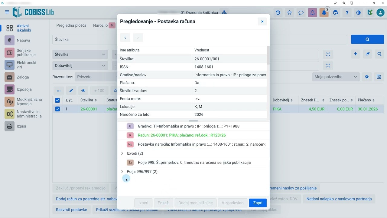 COBISS Lib/Serijske publikacije, plačilo računa: kontrola nabavnih podatkov, skladov in vknjižb